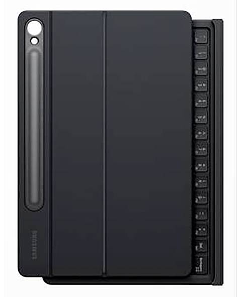 Ein schwarzes Tablet mit eingeschobener Tastaturhülle, die Tasten freigibt. Die Kamera ist in der oberen linken Ecke sichtbar.