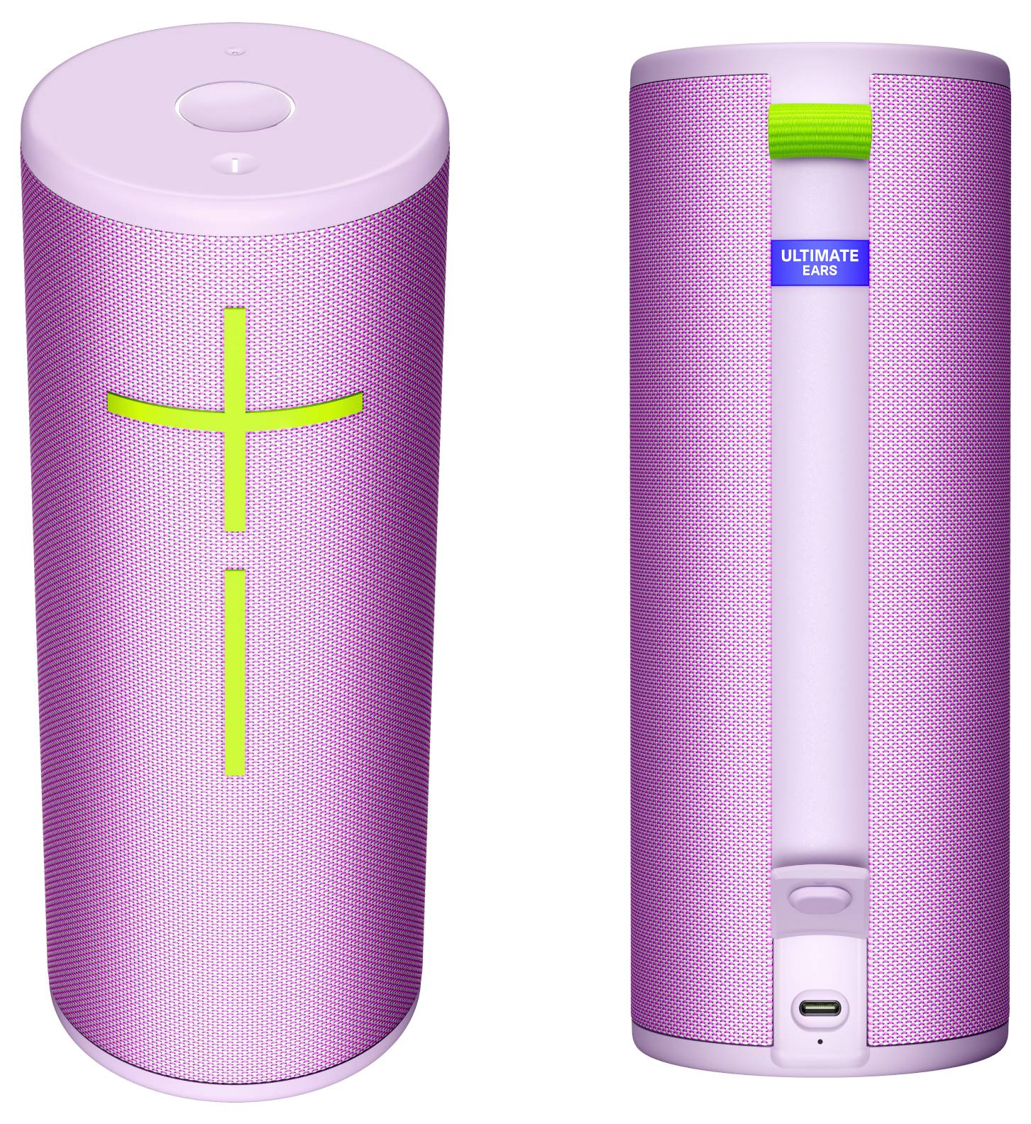 Vorneansicht und Rückansicht eines pinkfarbenen kabellosen Lautsprechers mit grünen Lautstärketasten und Rückseitennamen.