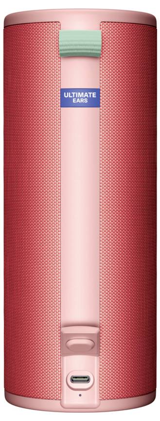 Roter zylindrischer Bluetooth-Lautsprecher, vertikal stehend, mit blauem 'ULTIMATE EARS'-Aufkleber. Unterseite mit Ladeanschluss.