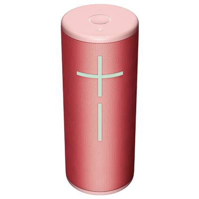 Roter, zylindrischer Bluetooth-Lautsprecher mit großem Pluszeichen. Oben runde Taste, stilvolles Design für mobilen Sound.