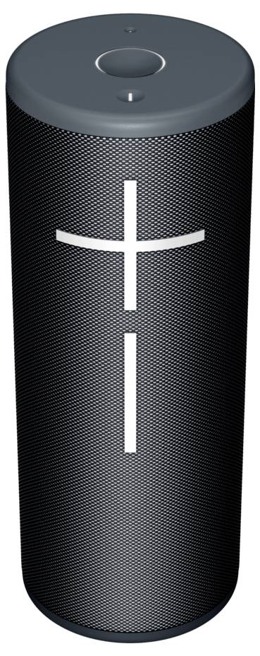 Schwarzer zylindrischer Bluetooth-Lautsprecher mit vertikalem Kreuzmotiv in der Mitte der vorderen Abdeckung.
