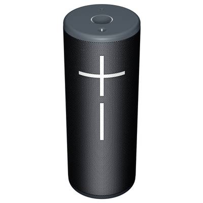 Schwarzer zylindrischer Bluetooth-Lautsprecher mit vertikalem Kreuzmotiv in der Mitte der vorderen Abdeckung.