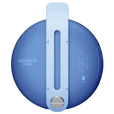 Blauer tragbarer Lautsprecher von Ultimate Ears, mit gummiertem Tragegriff. Seitenansicht zeigt Lautstärketasten und Party-Modus.