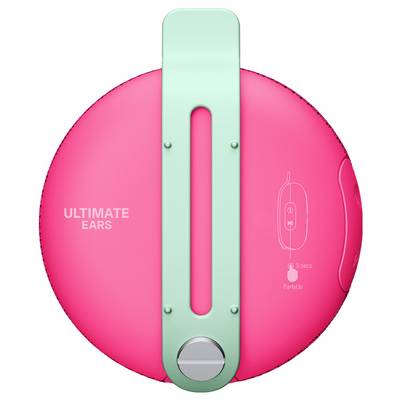 Ein runder, pinker Bluetooth-Lautsprecher von Ultimate Ears mit grünem Tragegriff. An der Seite befinden sich Steuerungssymbole.