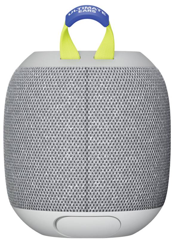 Tragbarer Bluetooth-Lautsprecher mit grauem Gehäuse und gelbem Tragegriff, geeignet für kabelloses Musikhören.