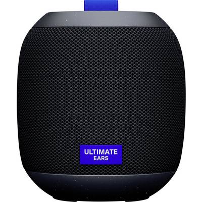 Ein tragbarer, schwarzer Lautsprecher mit blauer Schlaufe oben und 'Ultimate Ears'-Logo auf der Vorderseite.