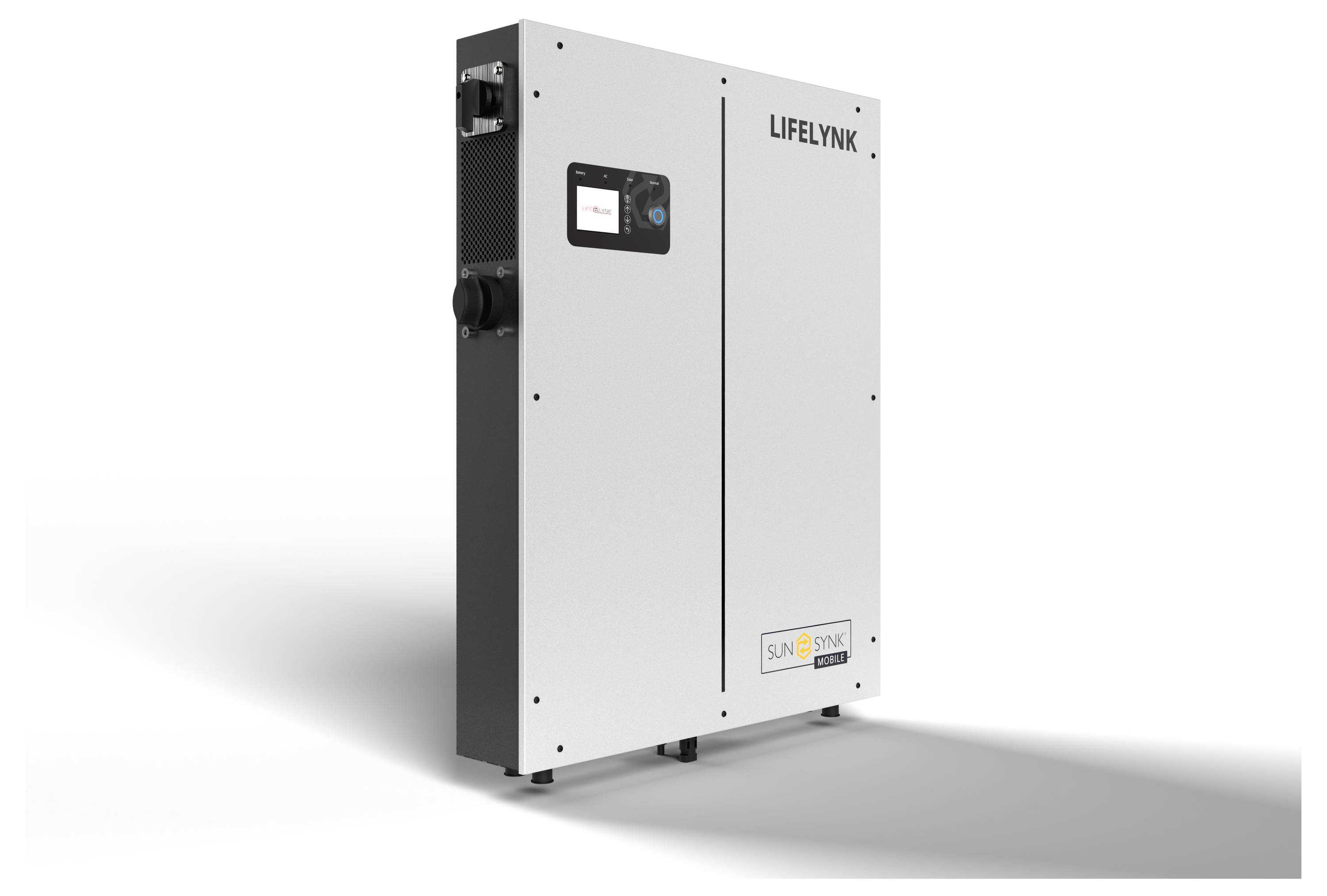 Weiße elektrische Einheit mit Bildschirm und Schriftzug 'LIFELYNK', freistehend. Schattenwurf deutet auf Beleuchtung von links.