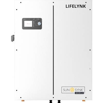 Ein weißes elektrisches Gerät mit einem schwarzen Bedienfeld, Bildschirm und Steuerknopf. Oben steht 'LifelynK', unten 'SunSynk Mobile'.