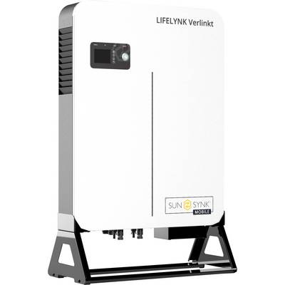 Ein weißer Solarbatterie-Wechselrichter mit dem Aufdruck 'LIFELYNK Verlinkt' und 'SUNSYNK MOBILE' steht auf einem schwarzen Gestell.