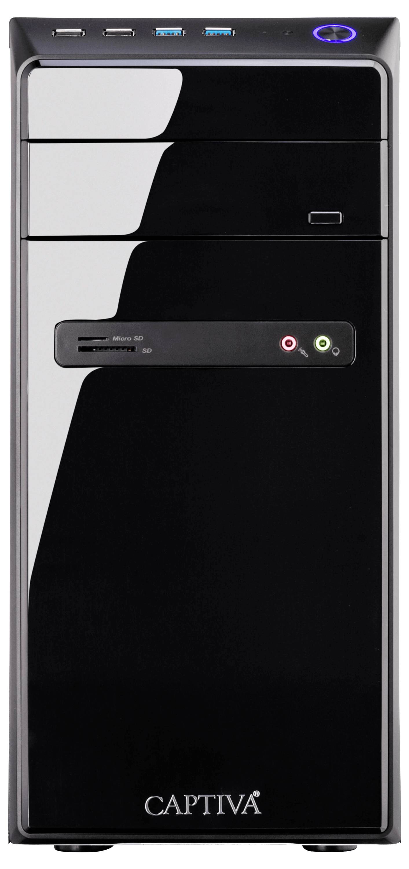 Schwarzer Computer-Tower mit USB-Anschlüssen oben, beleuchteter Power-Knopf rechts und Firmenlogo unten.
