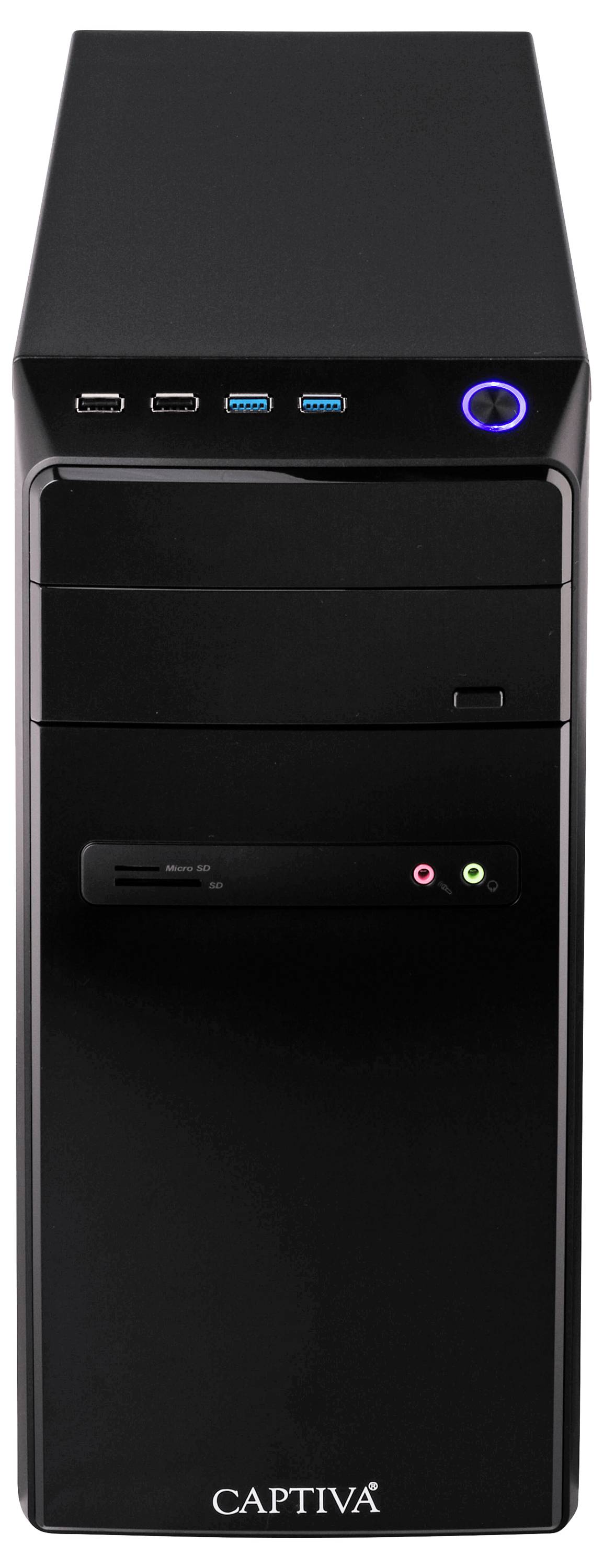 Ein schwarzer Desktop-PC mit USB-Anschlüssen und Audiobuchsen auf der Vorderseite.