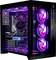 Ein Gaming-PC mit transparentem Gehäuse zeigt beleuchtete Lüfter in Blau und Lila. Sichtbare Komponenten sind GPU und Wasserkühlung.