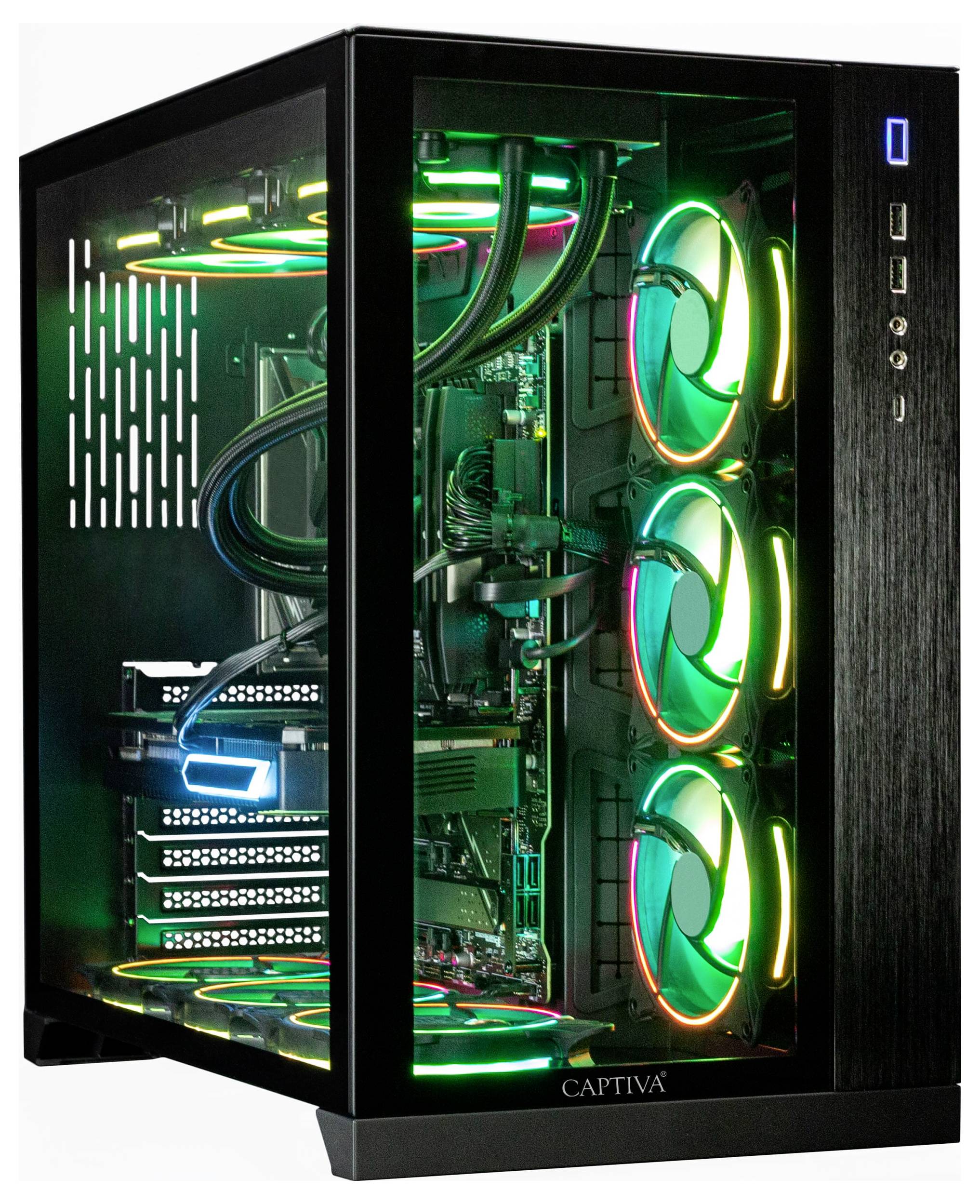 Ein Gaming-PC-Gehäuse mit bunten LEDs, zeigt fünf leuchtende Lüfter. Der Innenraum ist gut sichtbar und sauber verkabelt.