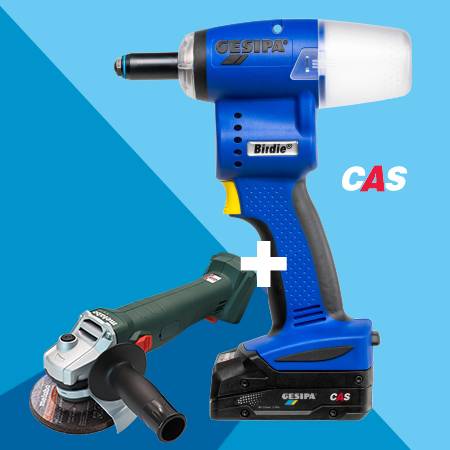 Der 'Birdie' von Gesipa und das CAS-Akkugerät mit Rotationsfunktion nebeneinander platziert, was eine mögliche Kombination von Werkzeugen hervorhebt.