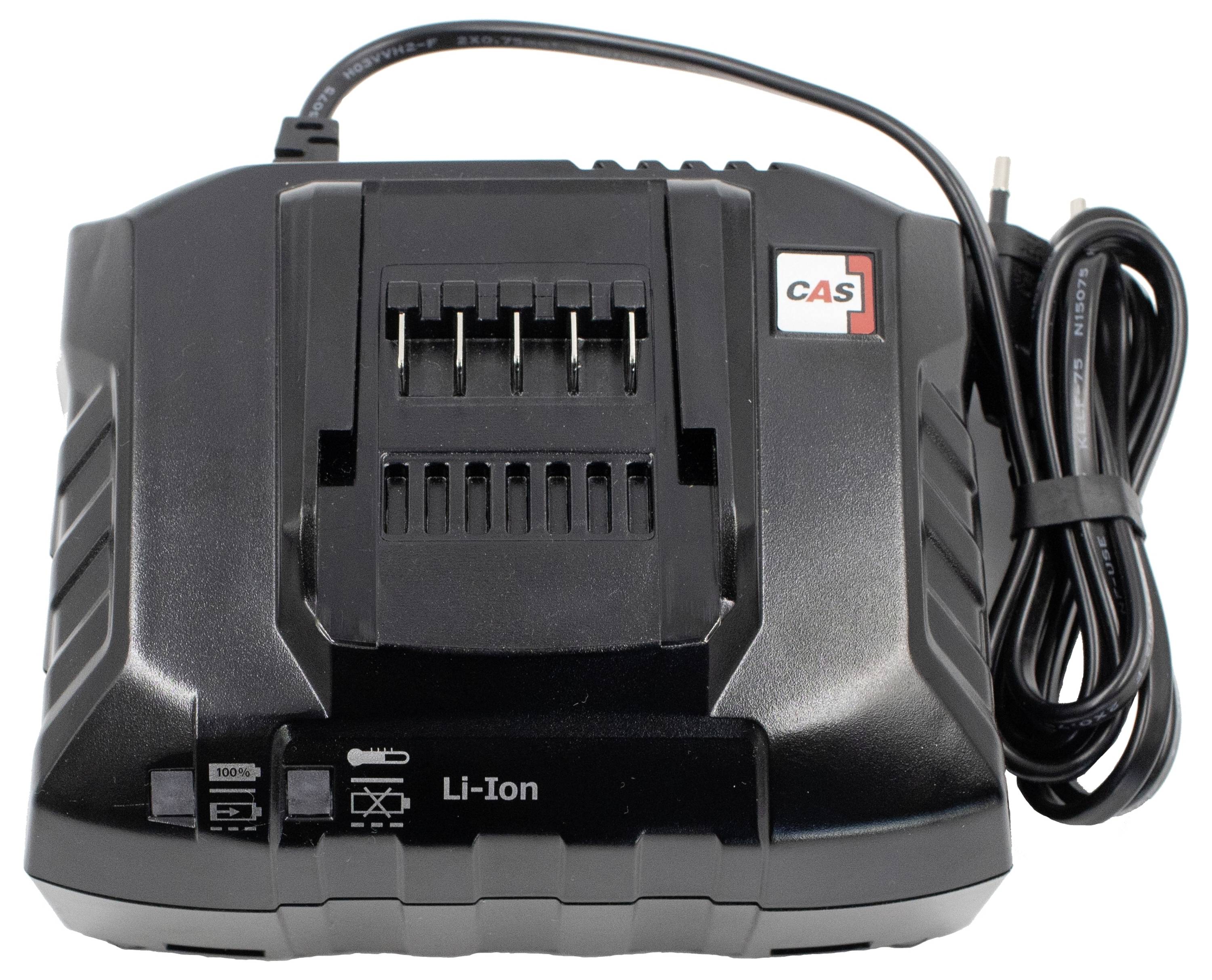 Ein schwarzes CAS-Marken-Lithium-Ionen-Akkugerät mit Netzkabel und LED-Anzeigen. Geeignet zum Aufladen von Akkus für Elektrowerkzeuge.