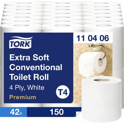 Packung Tork Extra Soft konventionelle Toilettenpapier, 4-lagig weiß premium, T4, 42 Rollen x 150 Blatt, mit Toilettenpapierrollen-Bild.