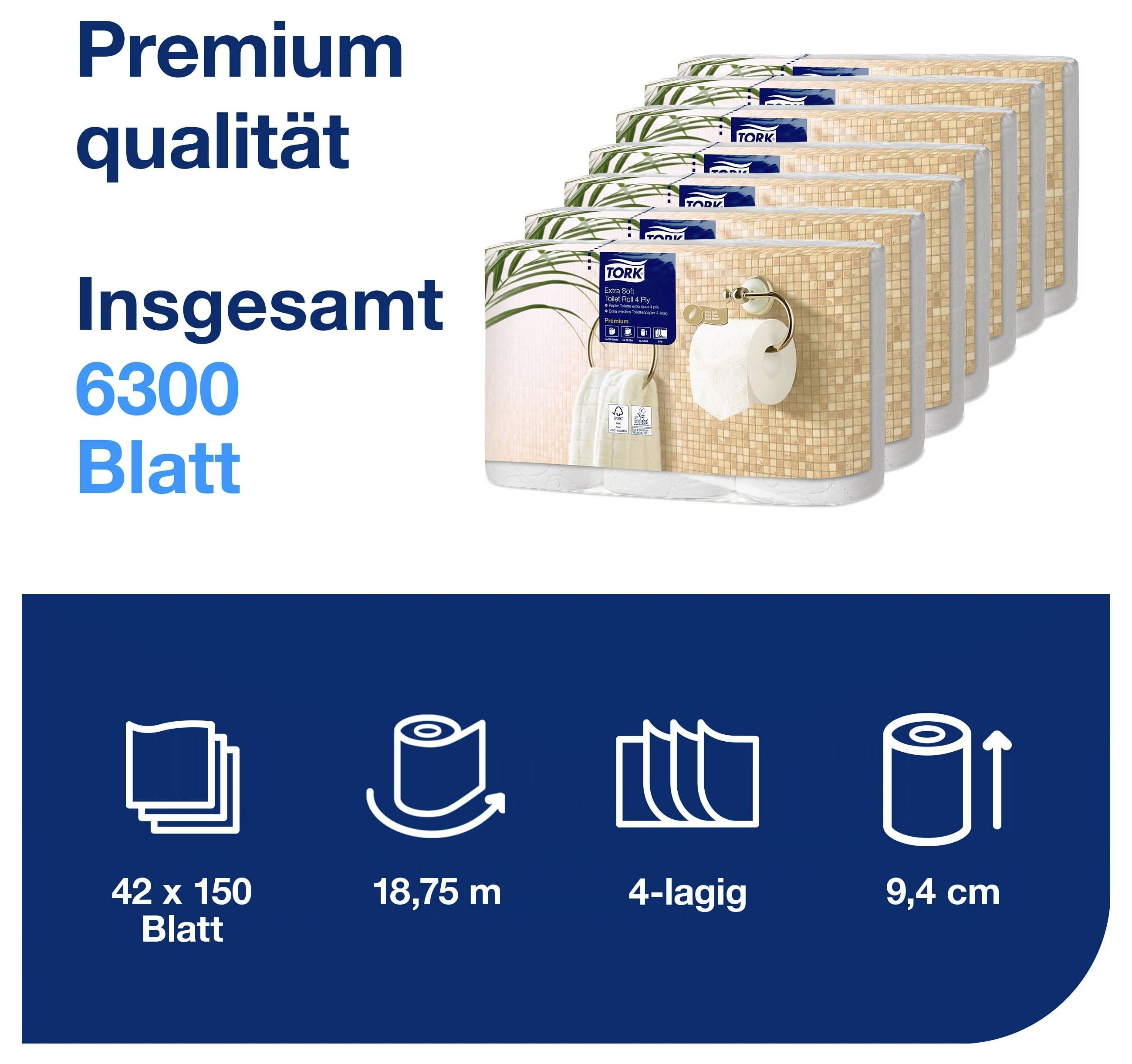 Werbebild für Tork-Premium-Toilettenpapier mit 'Premium qualität' und 'Insgesamt 6300 Blatt'; zeigt 42 x 150 Blatt, 18,75 m, 4-lagig, 9,4 cm.