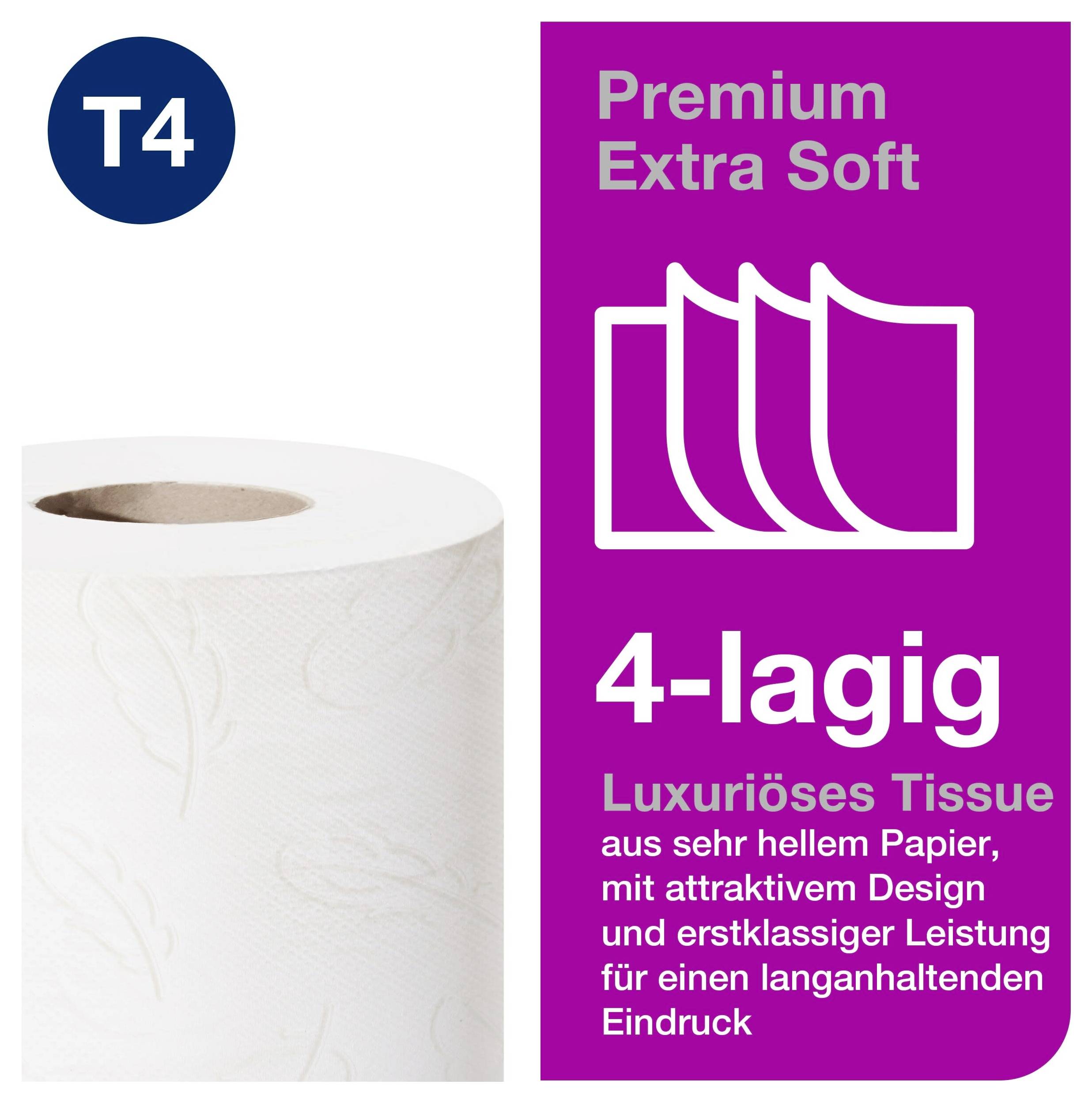 Produktbild einer 4-lagigen Premium-Tissue-Rolle „Extra Soft“ mit dem Hinweis auf sehr helles, luxuriöses Papier und dekorativem Design.