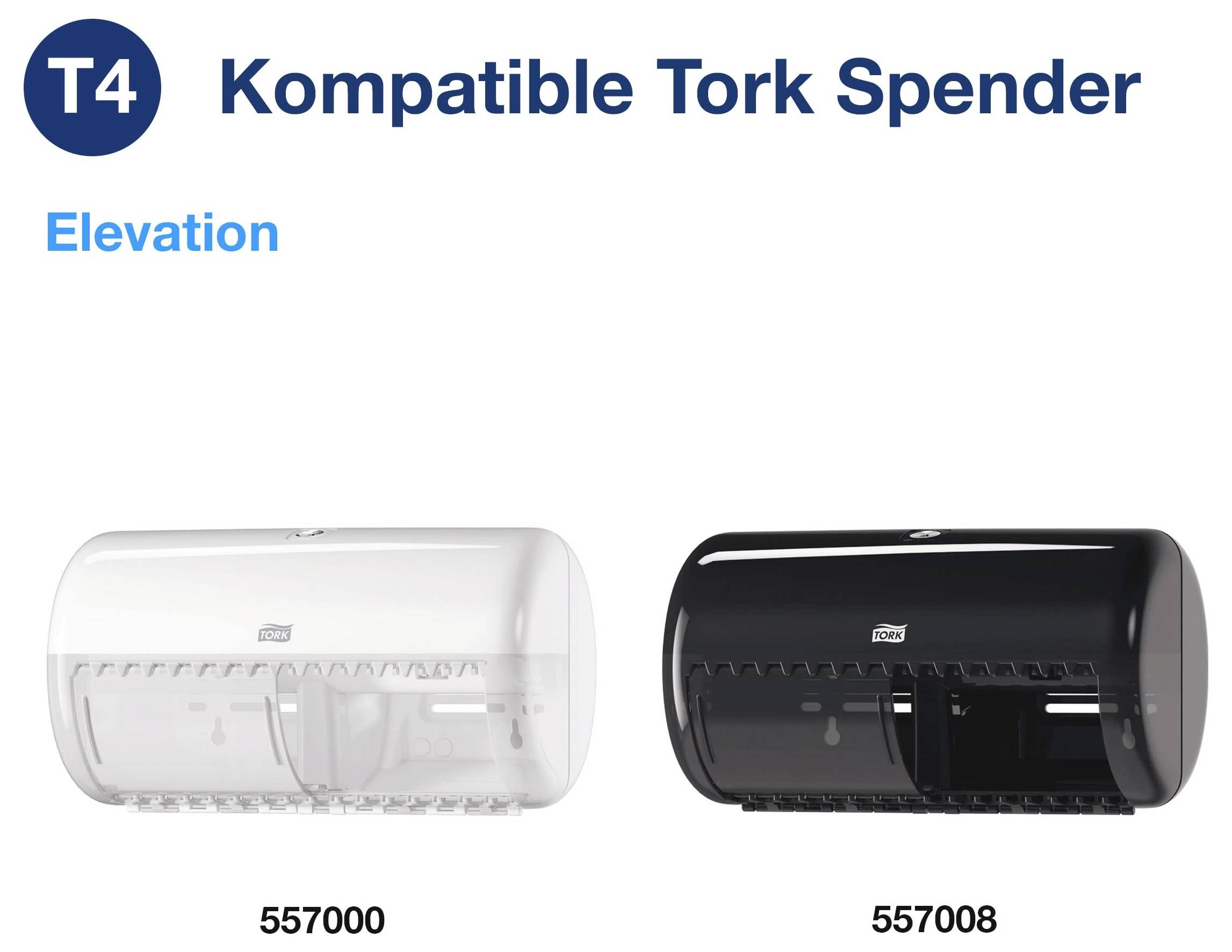 Vergleichsabbildung des kompatiblen Tork Spenders T4 in Elevation-Design, gezeigt in Weiß und Schwarz mit den Modellnummern 557000 und 557008.