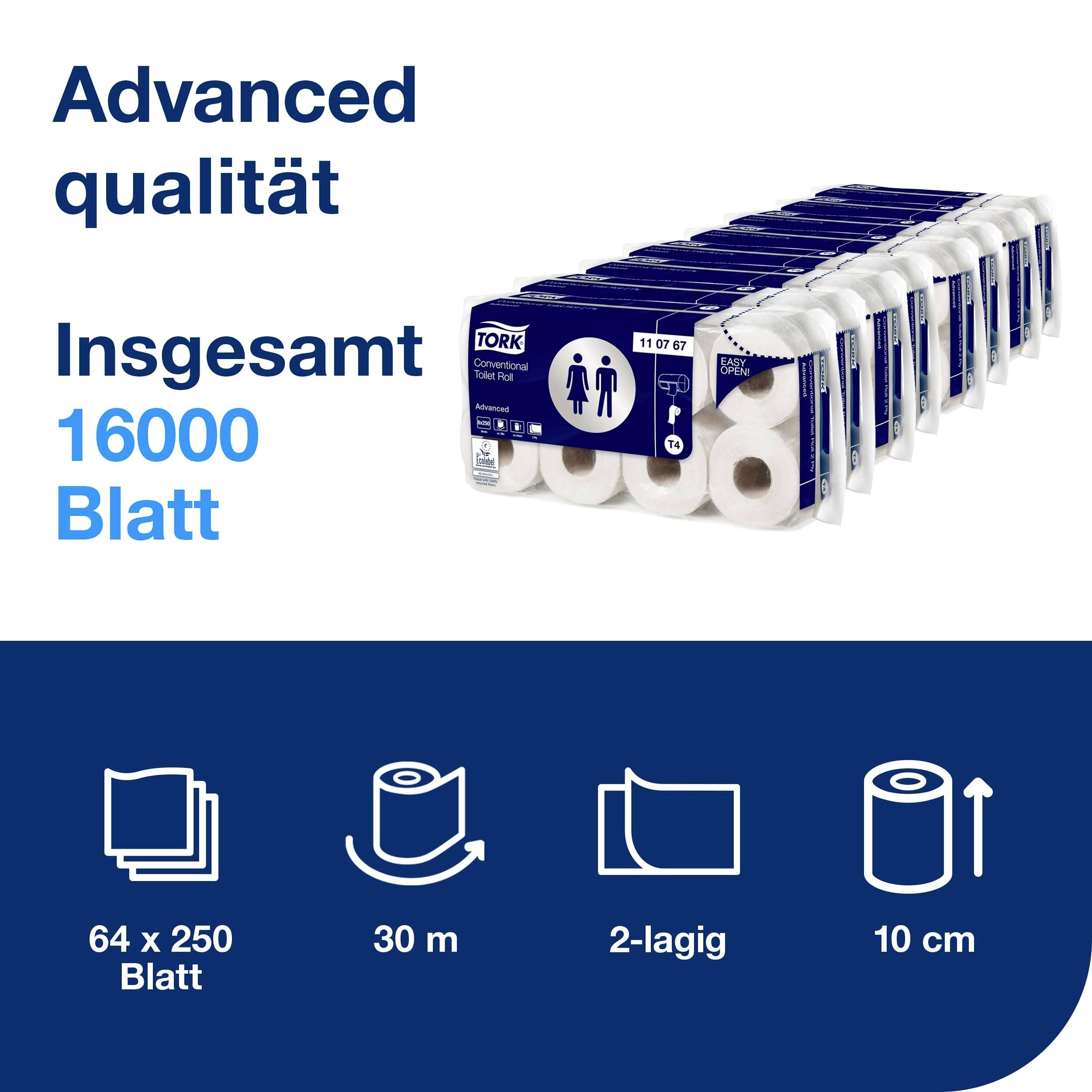 'Advanced Qualität' Toilettenpapier, 64 Rollen, 16000 Blatt, 2-lagig, 10 cm Breite, 30 m Länge pro Rolle.