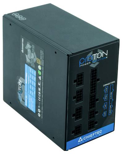'Chieftec Proton'-Netzteil, schwarze Box mit blauen und weißen Akzenten, zeigt Anschlüsse an der Seite, geeignet für Computerbau.
