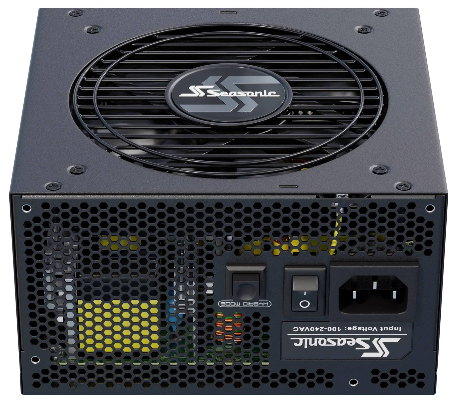 Ein schwarzes Computer-Netzteil von Seasonic mit Lüftergitter und seitlichen Anschlüssen, geeignet für Stromversorgung von PCs.