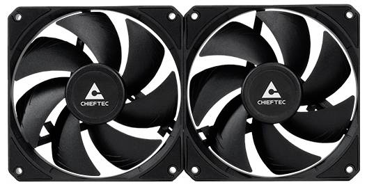 Zwei schwarze Computerventilatoren von Chieftec nebeneinander, montiert in quadratischen Rahmen, zeigen neun geschwungene Rotorblätter.