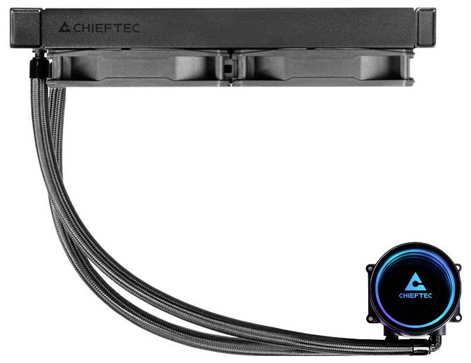 Wasserkühlungssystem von Chieftec, bestehend aus einem Radiator mit zwei Lüftern und einer runden, beleuchteten Pumpe.
