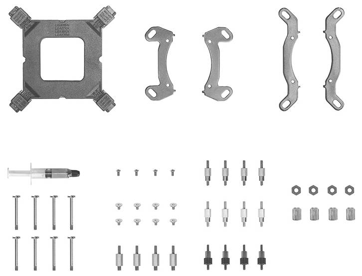 Montagesatz für CPU-Kühler mit Halterungen, Schrauben, Abstandhaltern und Kühlpaste; geeignet für verschiedene Prozessorsockel.