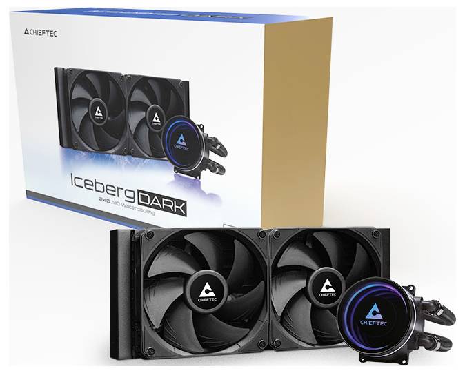 Chieftec Iceberg Dark 240 AIO-Wasserkühlung mit zwei großen Lüftern und Pumpeneinheit vor Verpackung dargestellt.