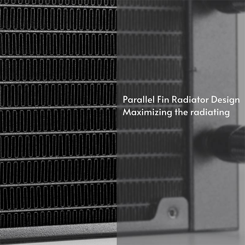 Ein Parallel-Fin-Kühler vor grauem Hintergrund, mit Text: 'Parallel Fin Radiator Design Maximizing the radiating'.