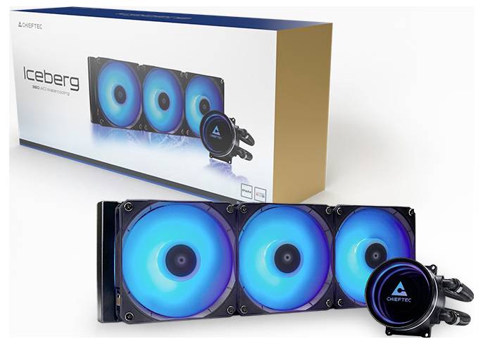 'Chieftec Iceberg' Wasserkühlung mit LED-beleuchteten Ventilatoren und Verpackung im Hintergrund, die das Produkt zeigt.