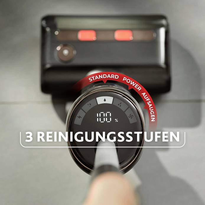 'Staubsauger mit Bedienfeld, das drei Reinigungsstufen (Standard, Power, Aussaugen) anzeigt. Drehregler zeigt 100 % Leistung.'