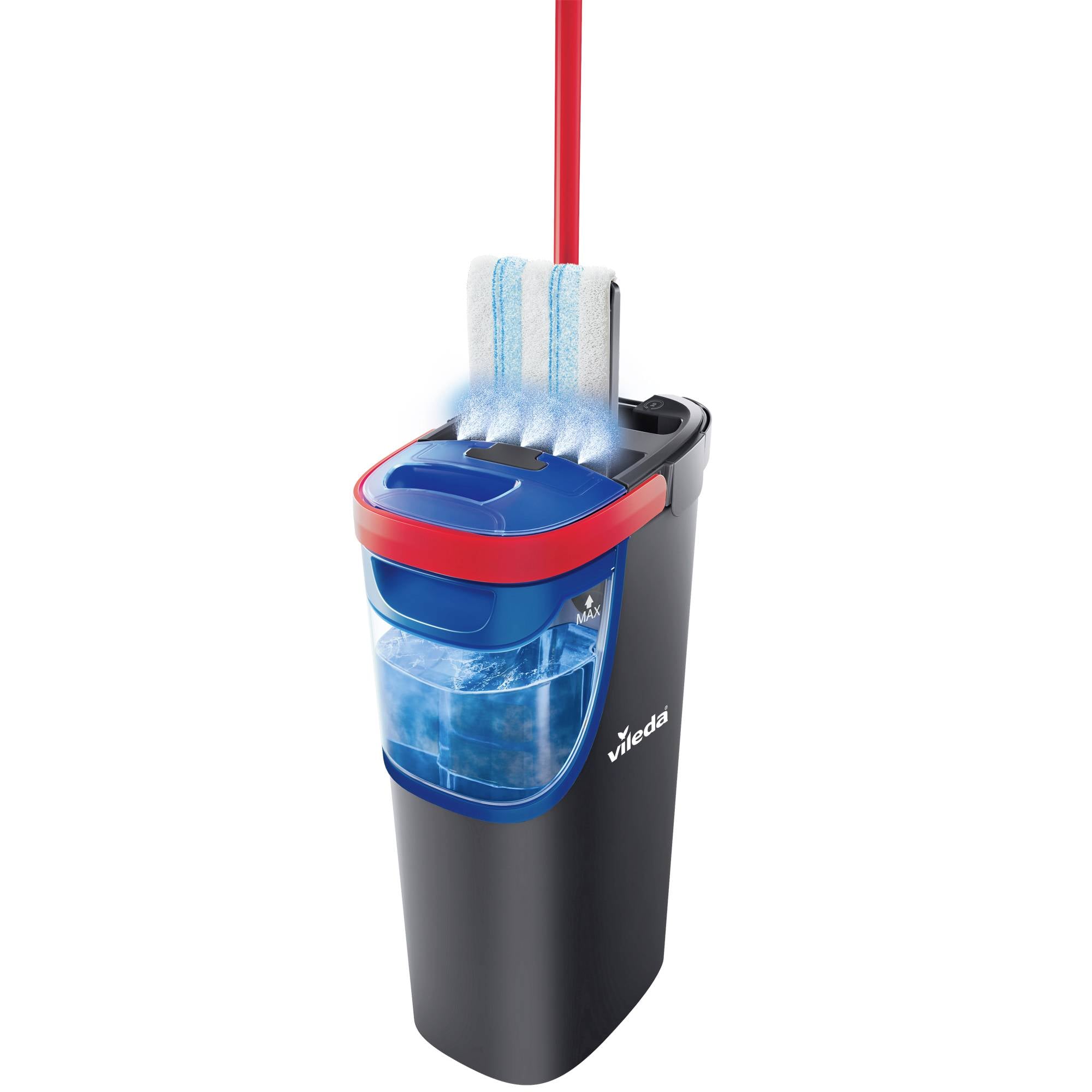 Ein schwarzer Eimer mit rotem Griff und integriertem Mop-Auswringer. Ein blauer Wischmopp wird im Auswringer eingetaucht.