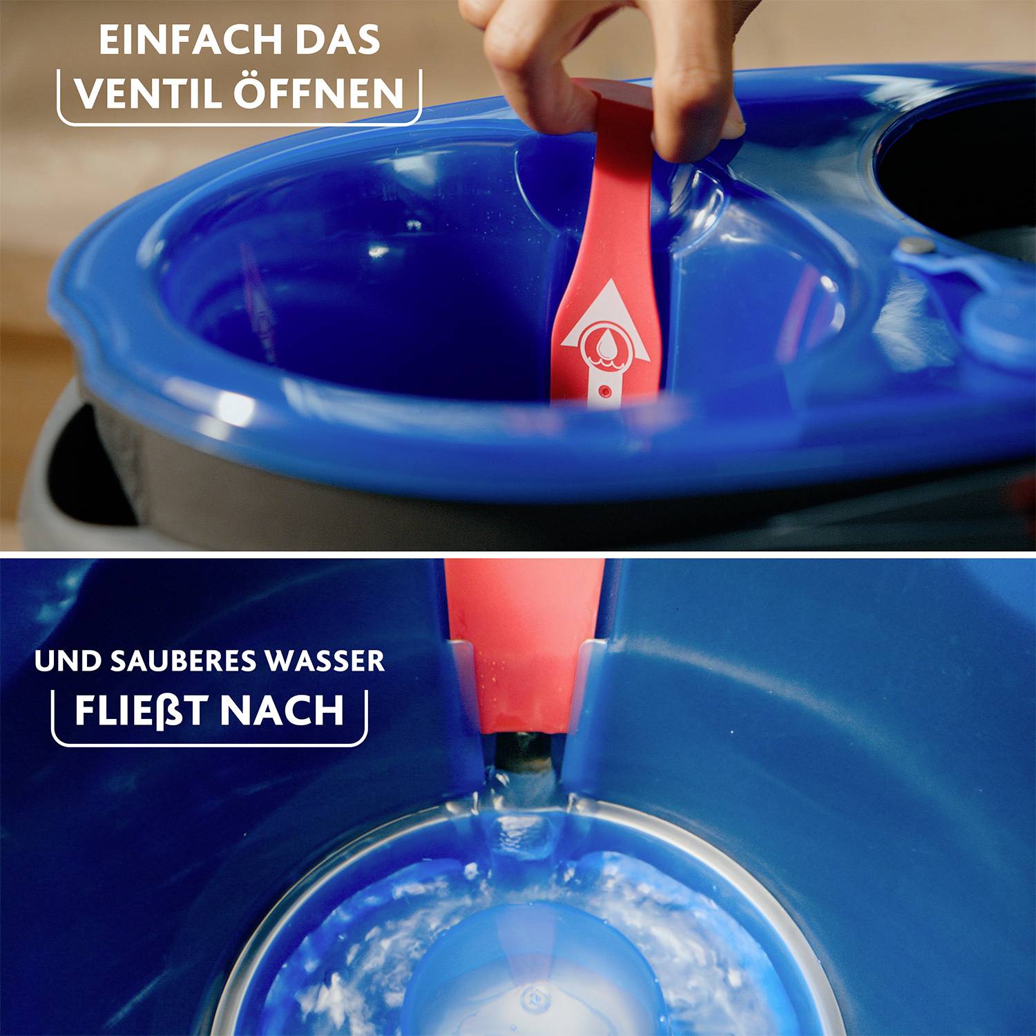 Eine Hand öffnet ein rotes Ventil auf einem blauen Behälter. Oben steht 'Einfach das Ventil öffnen', unten 'Und sauberes Wasser fließt nach'.