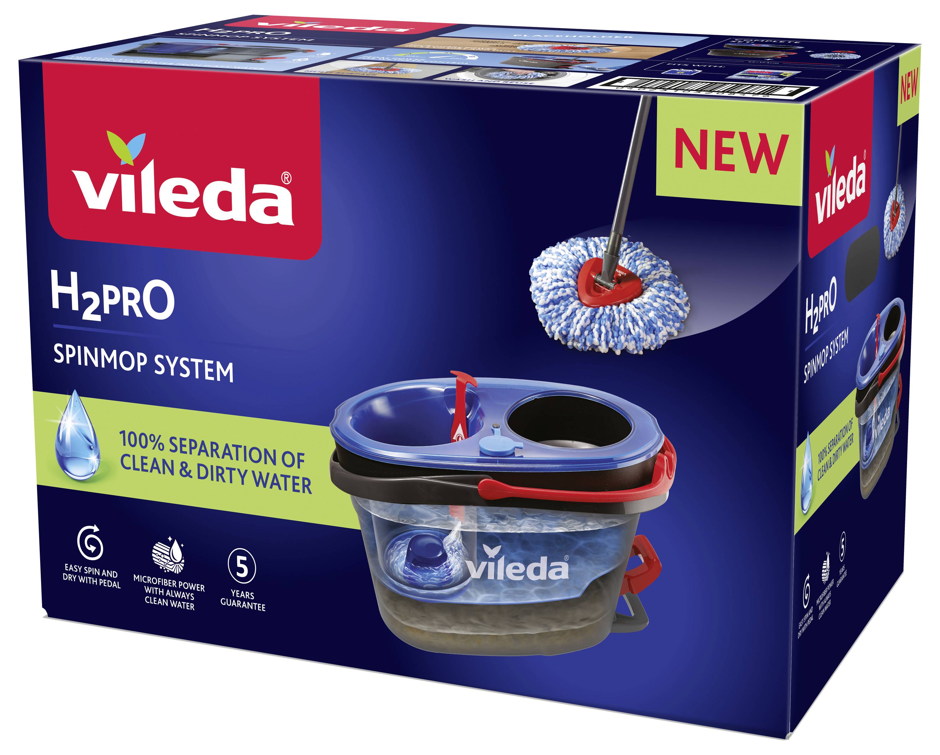 Eine Verpackung des Vileda H2PRO Spinnmop-Systems mit Eimer. Text zeigt '100% Trennung von sauberem und schmutzigem Wasser' und 'NEU'.