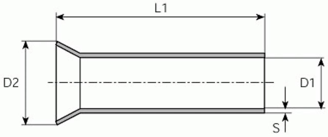 Technische Zeichnung eines zylindrischen Rohrstücks mit Maßen: Länge (L1), Außendurchmesser (D2), Innendurchmesser (D1), Wandstärke (S).