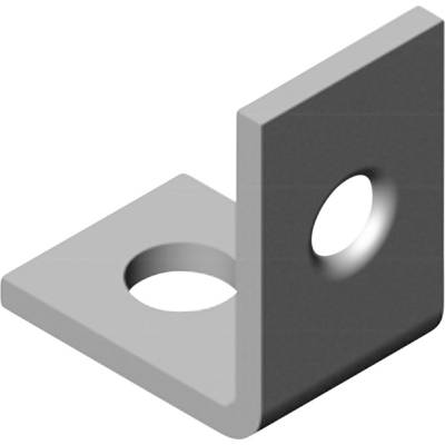 Ein grauer Metallwinkel mit zwei Löchern, eines auf jeder Seite. Er wird häufig zur Verbindung von Bauteilen eingesetzt.