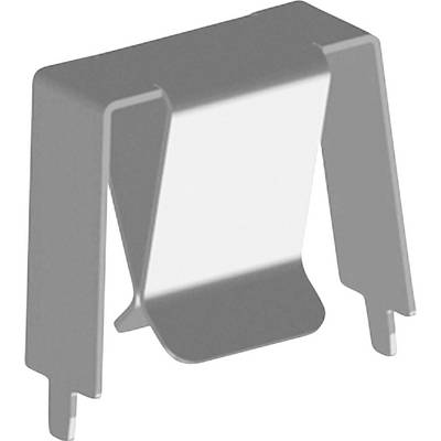 Metallischer Halteclip mit gebogener Form zur Befestigung elektronischer Bauteile auf einer Leiterplatte.