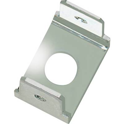 Metallhalterung mit Loch in der Mitte, geeignet zur Befestigung von Objekten. Silberfarben und rechteckig mit erhöhten Enden.