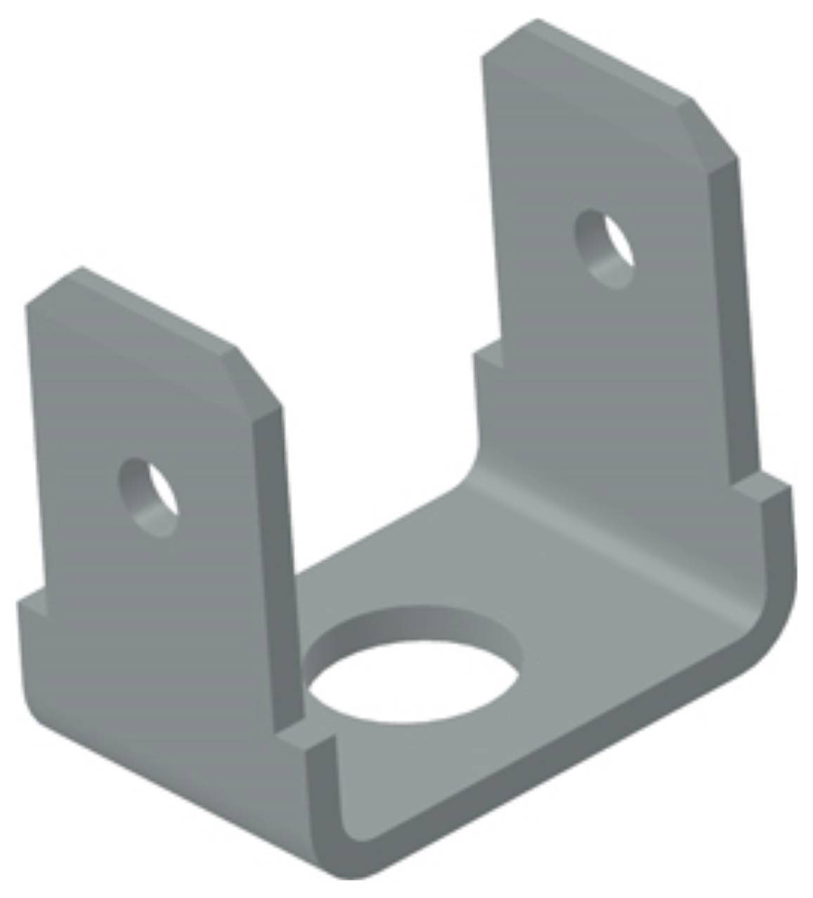 Graues Metallwinkelstück mit zwei aufrechten Laschen und Schraublöchern, verwendet zur Befestigung in Konstruktionen.