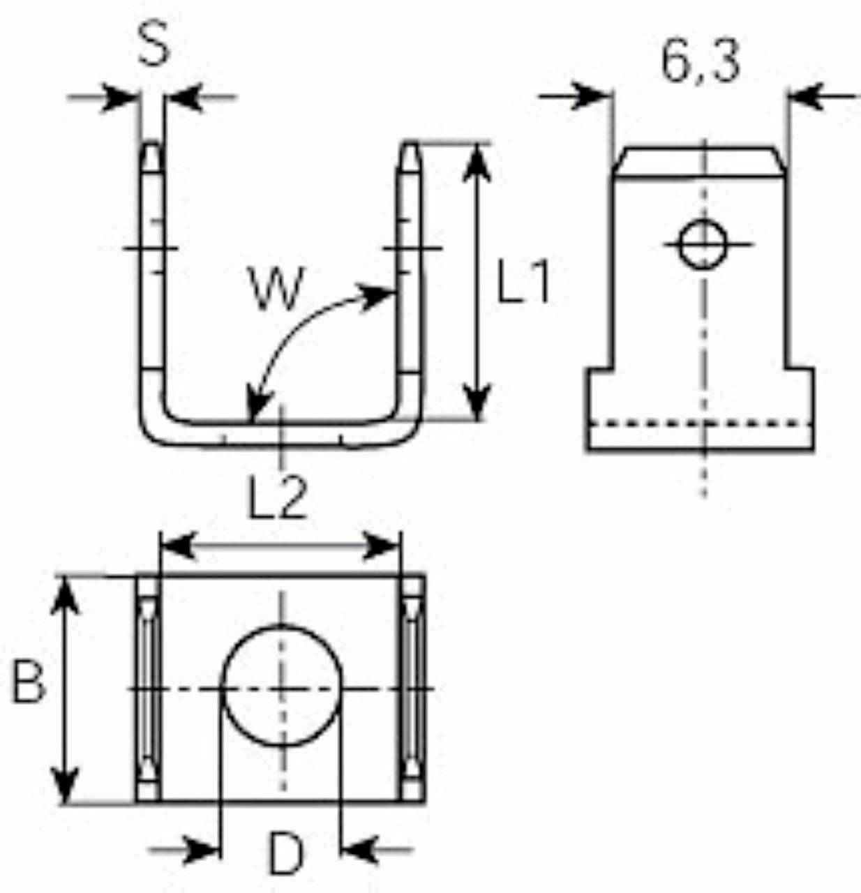 Technische Zeichnung eines Metallklammer-Profils mit Maßeinheiten: Breite (B), Tiefe (D), Länge (L1, L2), Schlitz (S, W).
