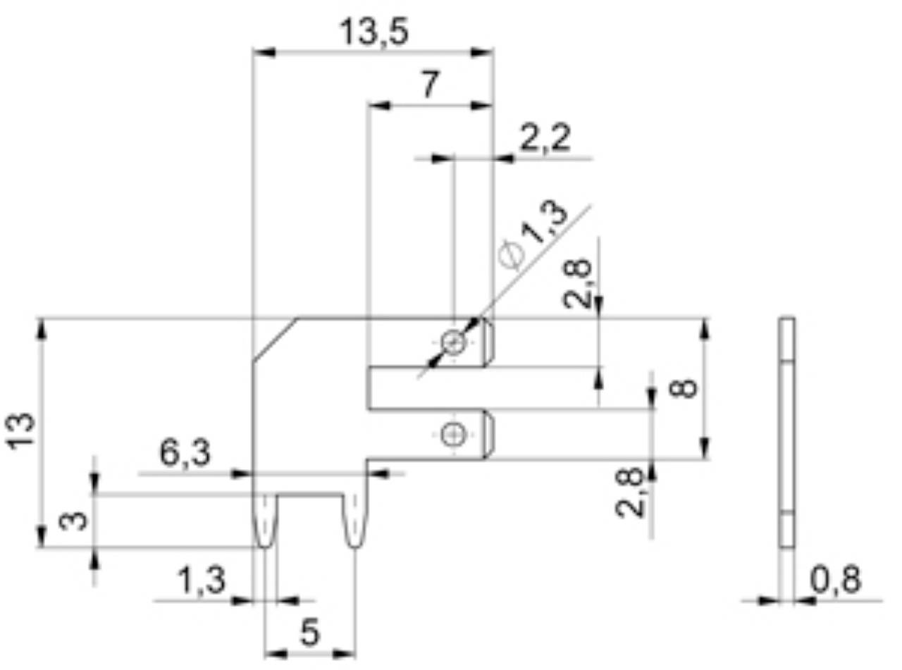 Technische Zeichnung eines Bauteils mit Bemaßungen in Millimetern: Breite 13,5; Höhe 13; Dicke 0,8. Zeigt Schraubenpositionen und Abstände.