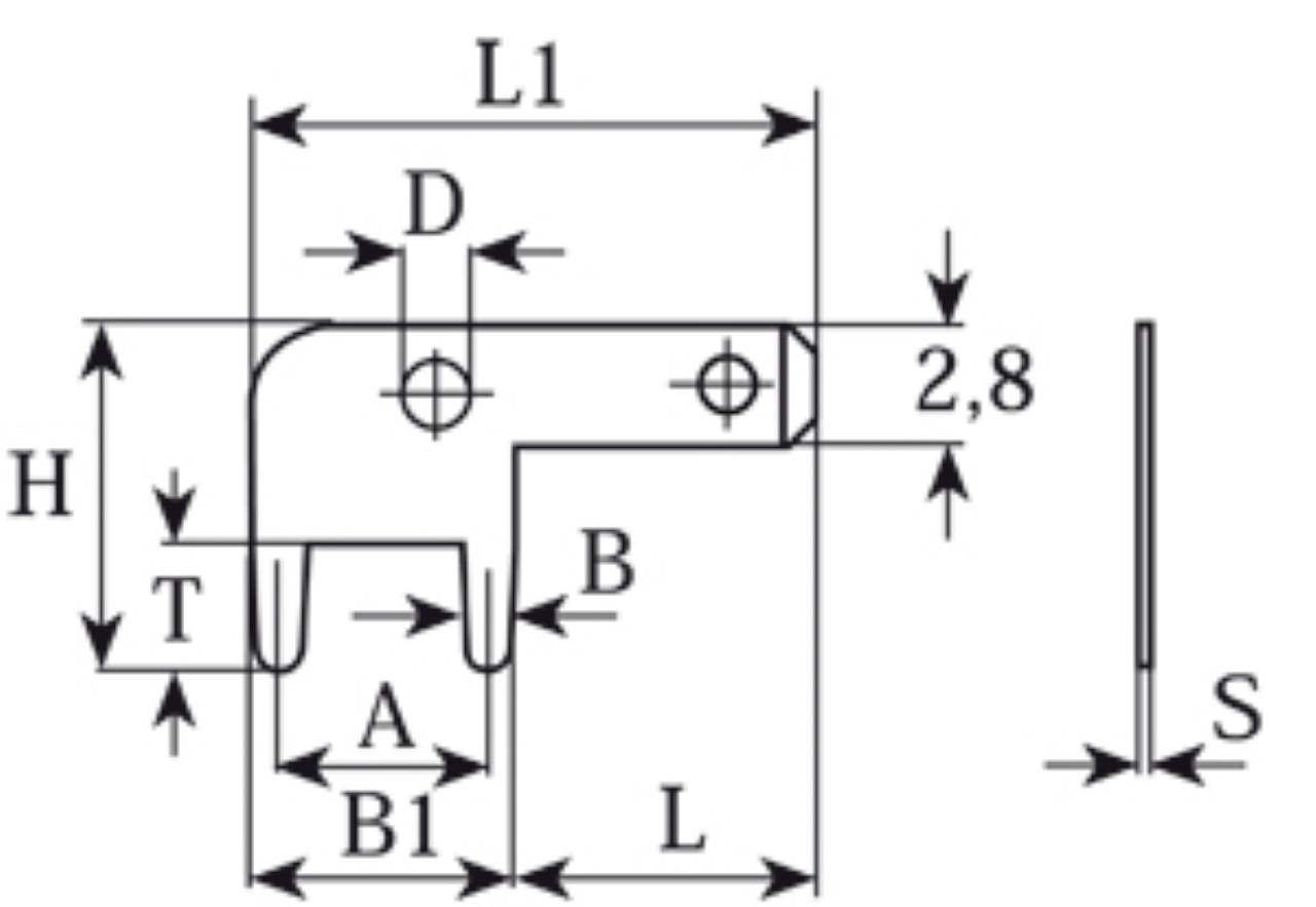 Technische Zeichnung eines Metallwinkels mit Maßen: L1, L, H, T, A, B, B1, D, S, 2,8. Zeigt Bohrungen und Dimensionen.
