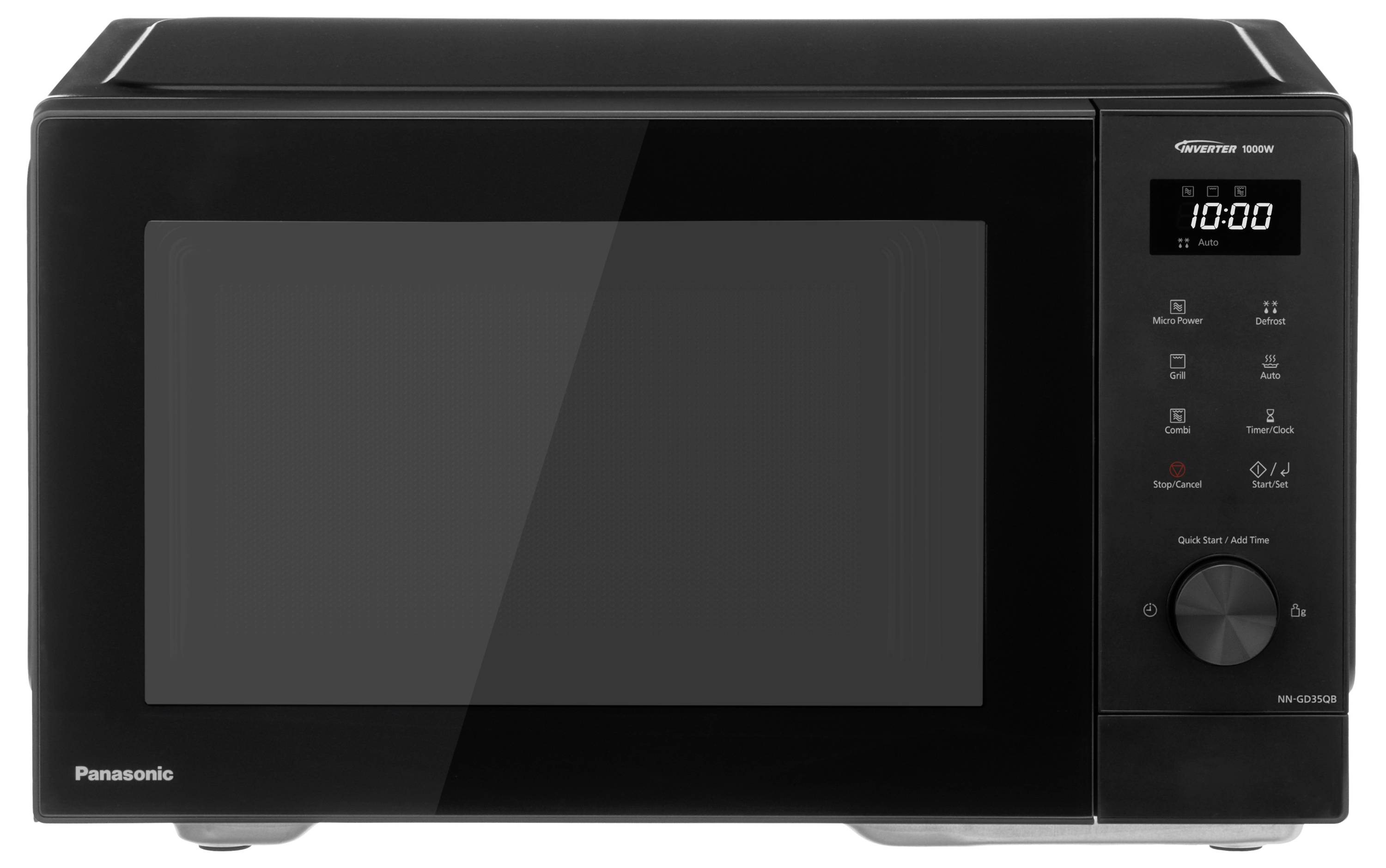 Schwarze Mikrowelle mit Digitalanzeige und Drehknopf rechts, zeigt '10:00'. Markenlogo unten links.