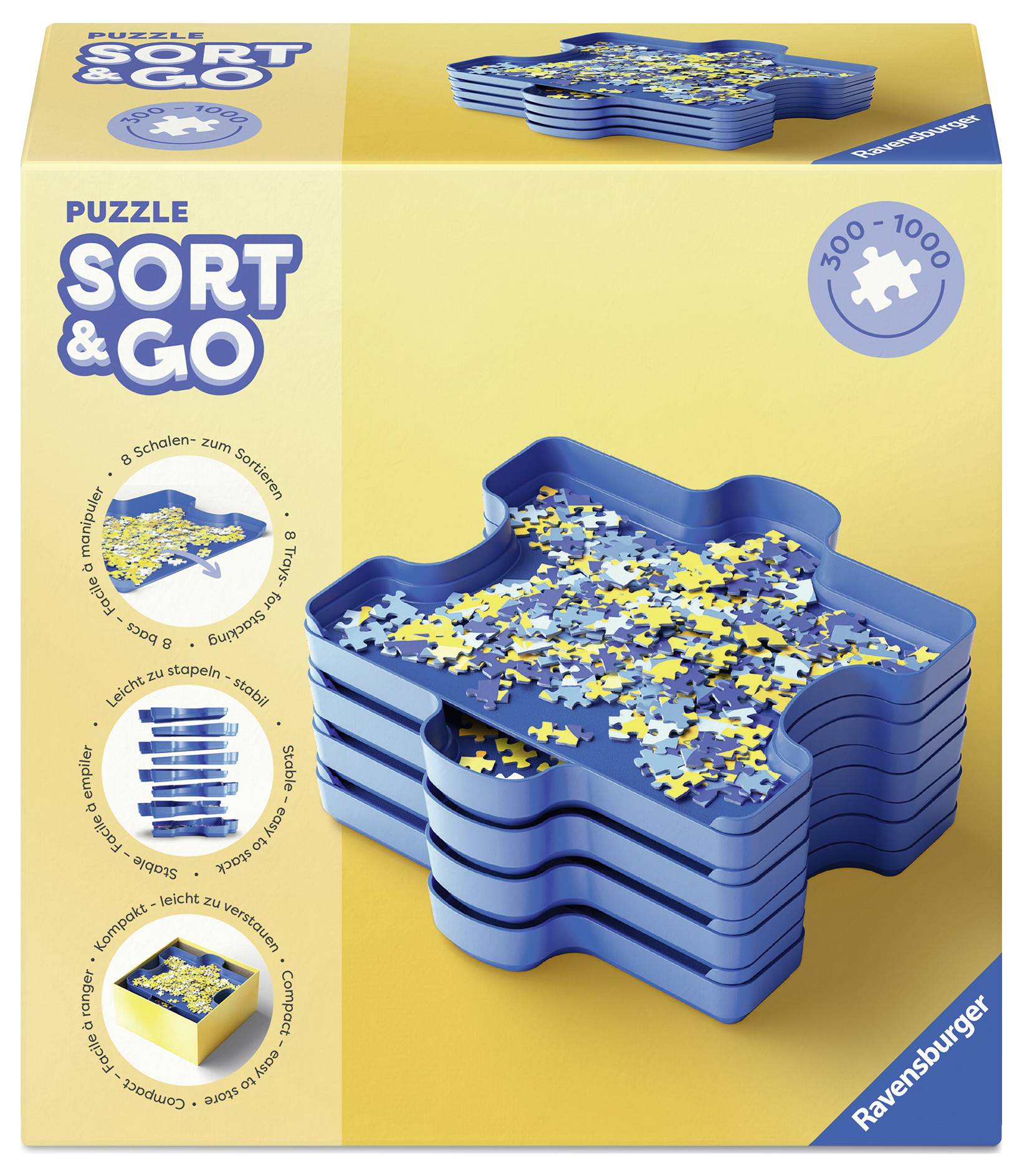 Eine Verpackung mit 'Sort & Go' Puzzlebehältern. Zeigt gestapelte blaue Schalen in Puzzleteil-Form, gefüllt mit Puzzlestücken.