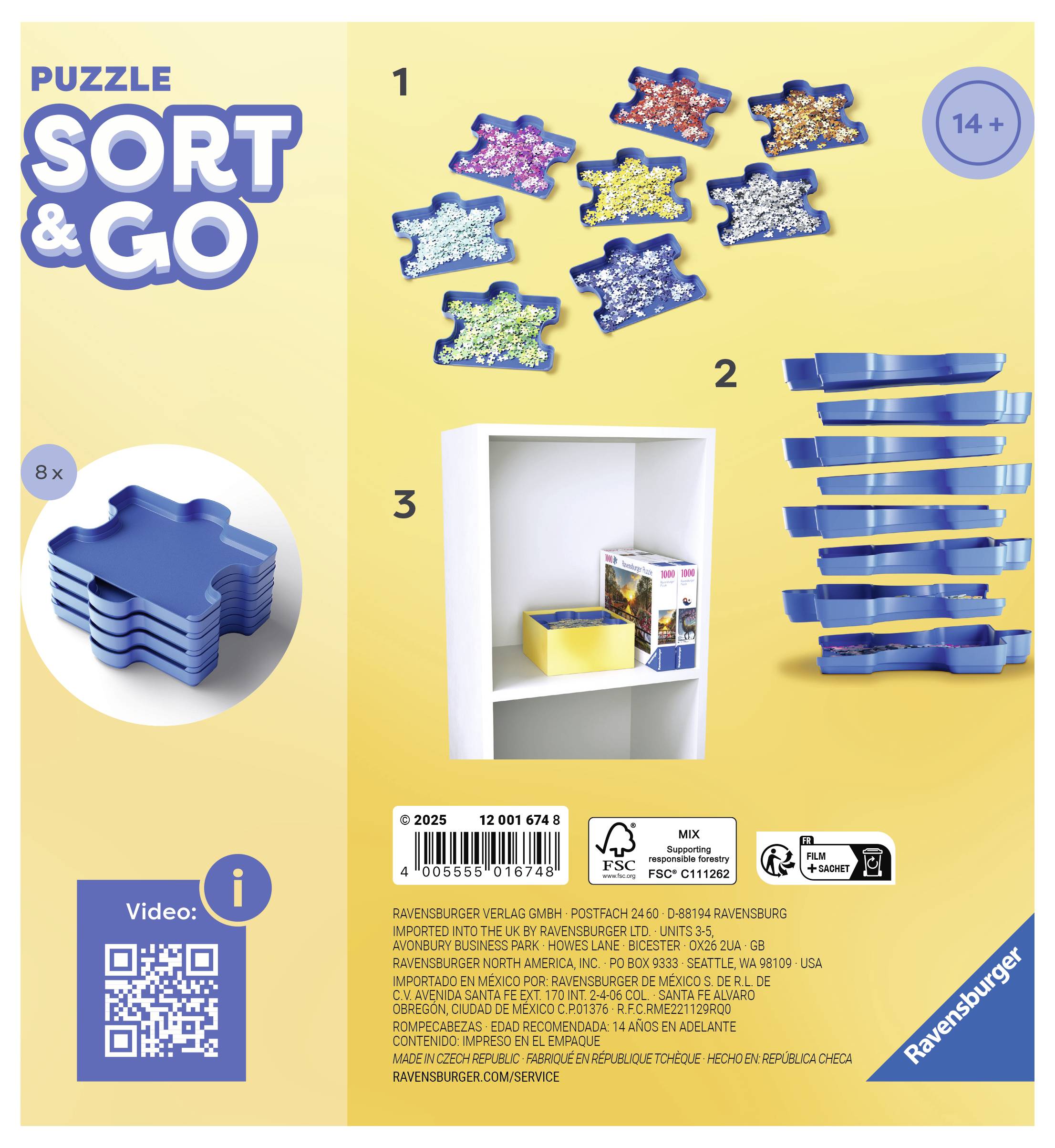 'Puzzle Sort & Go' Set-Box mit 8 blauen Ablageschalen und Puzzle-Teilen. Ab 14 Jahren. Bild eines Regals mit Produkt oben rechts.