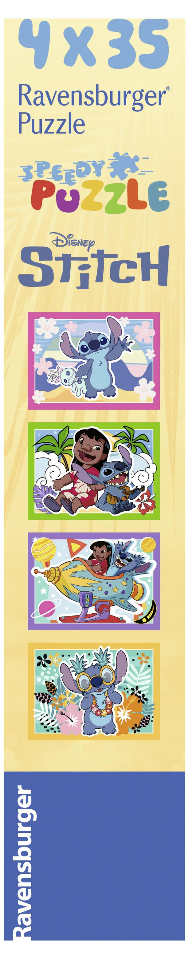 'Ravensburger Puzzle, 4 x 35 Teile, Disney Stitch' zeigt vier bunte Puzzle-Illustrationen mit der Figur Stitch in verschiedenen Szenen.