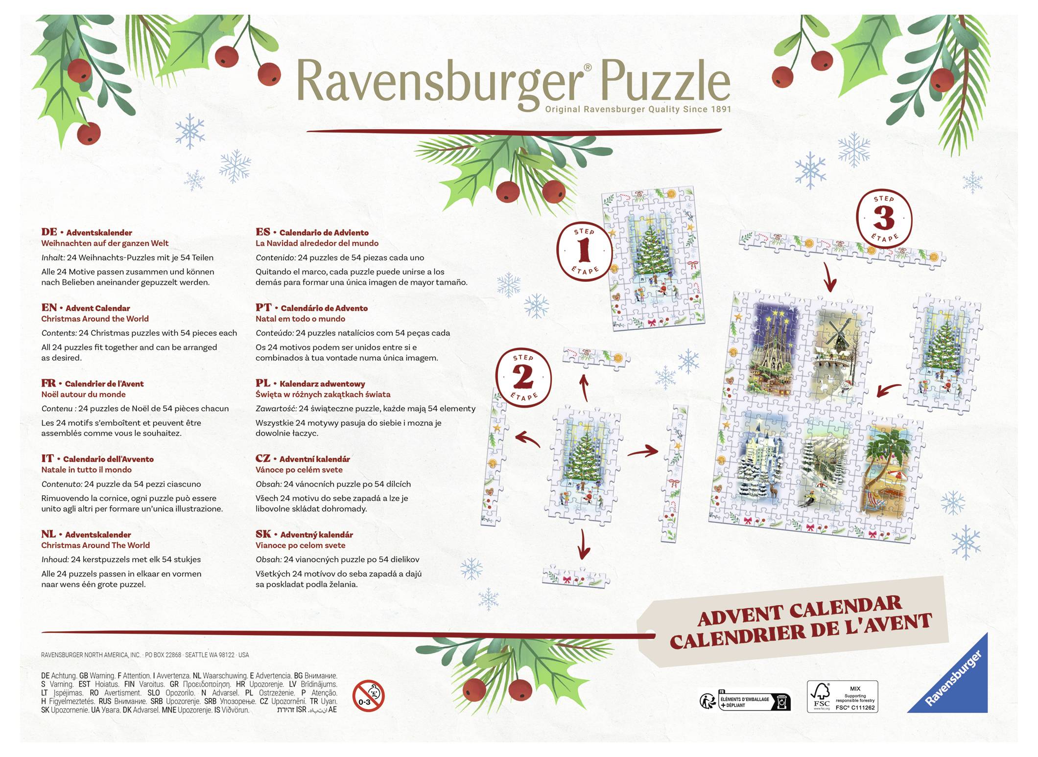 'Ravensburger Puzzle' Adventskalenderbox mit weihnachtlichem Design und Bild eines zusammengesetzten Puzzles. Text in mehreren Sprachen.