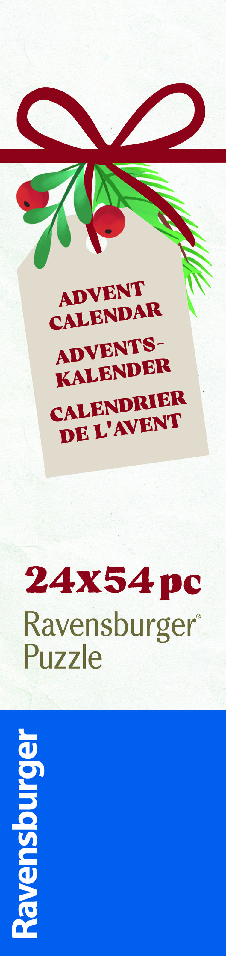 'Advent Calendar' Geschenk-Etikett mit Schleife und Tannenzweig. Text: '24x54 pc Ravensburger Puzzle'.